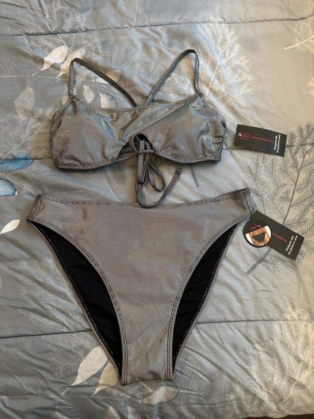 NWTS NoBoundaries Iridescent  Silver High-Waist Bikini Set Sz L 11/13